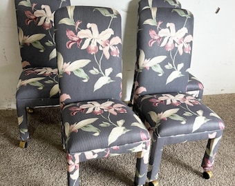 Postmodern Navy Blue Pinstripe and Pink Hibiscus Parsons Chairs on Casters