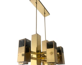 Mid Century Modern Brass Finish and Smoked Lucite Chandelier by Robert Sonneman