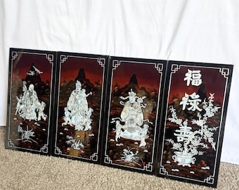 Chinese Black Lacquered Mother of Pearl Inlayed Panels - Set of 4