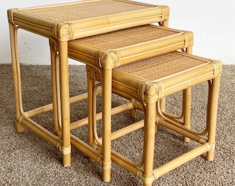 Boho Chic Bamboo Rattan and Wicker Nesting Tables - Set of 3
