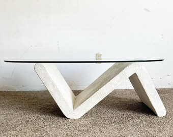 Postmodern Sculpted Concrete Oval Glass Top Coffee Table