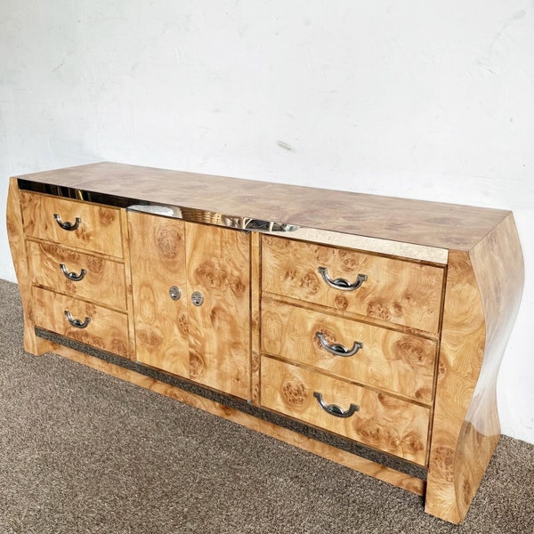 Postmodern Sculpted Burl Wood Laminate Dresser With Chrome Accents