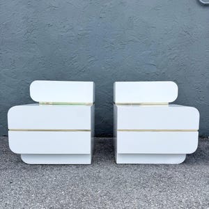 Postmodern Galactic White Gloss Laminate Waterfall Nightstands - A Pair