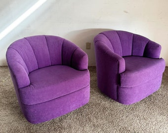 Postmodern Purple Fabric Clam Shell Back Swivel Rocking Barrel Chairs - a Pair