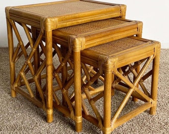 Boho Chic Chippendale Bamboo Rattan and Wicker Nesting Tables - Set of 3