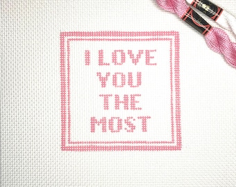 4" Handpainted Needlepoint Canvas,  I Love You The Most Square Ornament, pink