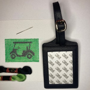 DIY Kit: Handpainted Needlepoint Canvas with Leather Luggage Tag, Needle, and Threads. Golf Cart