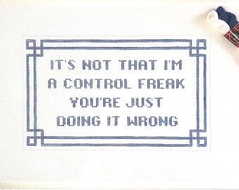 6" X 10" Color-Customizable Handpainted Needlepoint Canvas, Control Freak Pillow or Sign, Navy Blue
