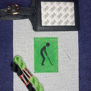 DIY Kit: Handpainted Needlepoint Canvas with Leather Luggage Tag, Needle, and Threads. Golfer