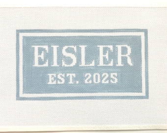 5” X 10-ish" Customizable Handpainted Needlepoint Canvas, Surname - Last Name (3-10 letters) Wedding - Marriage Year Pillow or Sign, lt blue