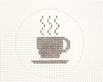 3" Handpainted Needlepoint Canvas, Steaming Coffee Cup Round Ornament