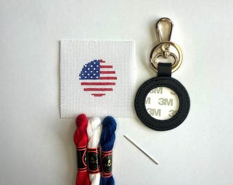 DIY Kit: Handpainted Needlepoint Key Fob Canvas with Leather Fob, Needle,  Threads. American Flag