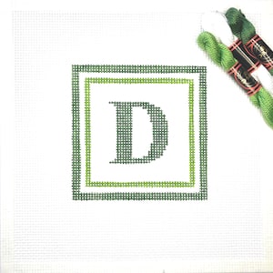 4" X 4" Color-Customizable Handpainted Needlepoint Canvas, Times New Roman Initial Letter Ornament, dark green and light green