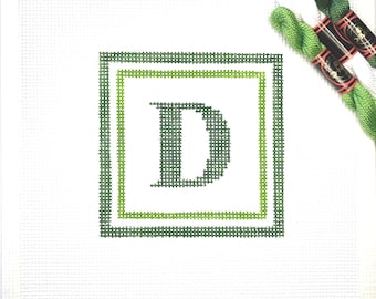 4" X 4" Color-Customizable Handpainted Needlepoint Canvas, Times New Roman Initial Letter Ornament, dark green and light green