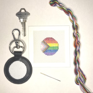 DIY Kit: Handpainted Needlepoint Key Fob Canvas with Leather Fob, Needle, and Threads. Progress Pride Flag, Intersectional, LGBTQ