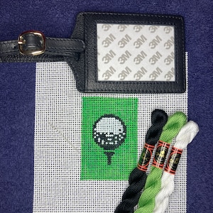 DIY Kit: Handpainted Needlepoint Canvas with Leather Luggage Tag, Needle, and Threads. Golf Ball