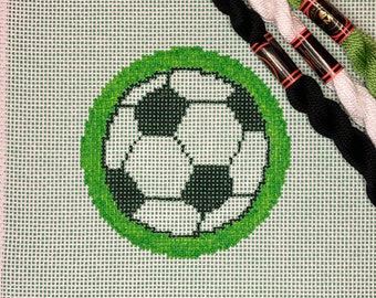 4" Handpainted Round Needlepoint Canvas, Soccer Ball Round Ornament