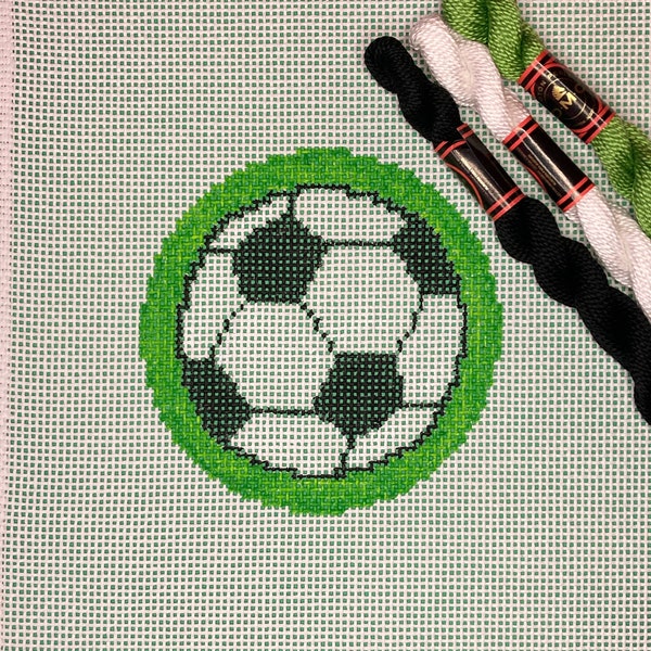 4" Handpainted Round Needlepoint Canvas, Soccer Ball Round Ornament