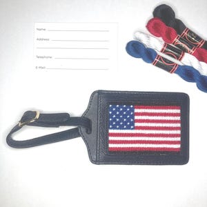 DIY Kit: Handpainted Needlepoint Canvas with Leather Luggage Tag, Needle, and Threads. American Flag