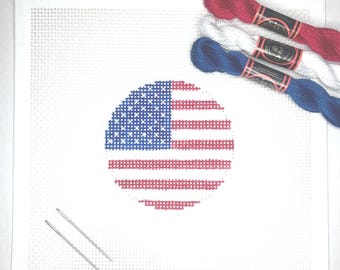 3" Handpainted Needlepoint Canvas, Round, American Flag