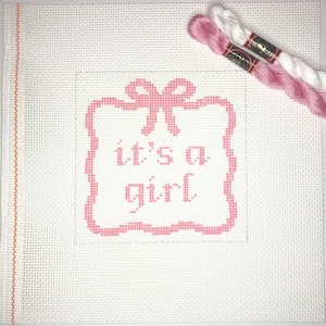 5” X 5” Handpainted Needlepoint Canvas, It&#39;s a Girl Pillow or Sign, small