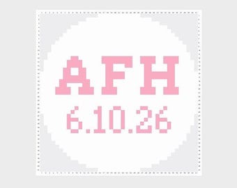 3" Color-Customizable Handpainted Needlepoint Canvas,  Initials and Date Round Ornament, pink