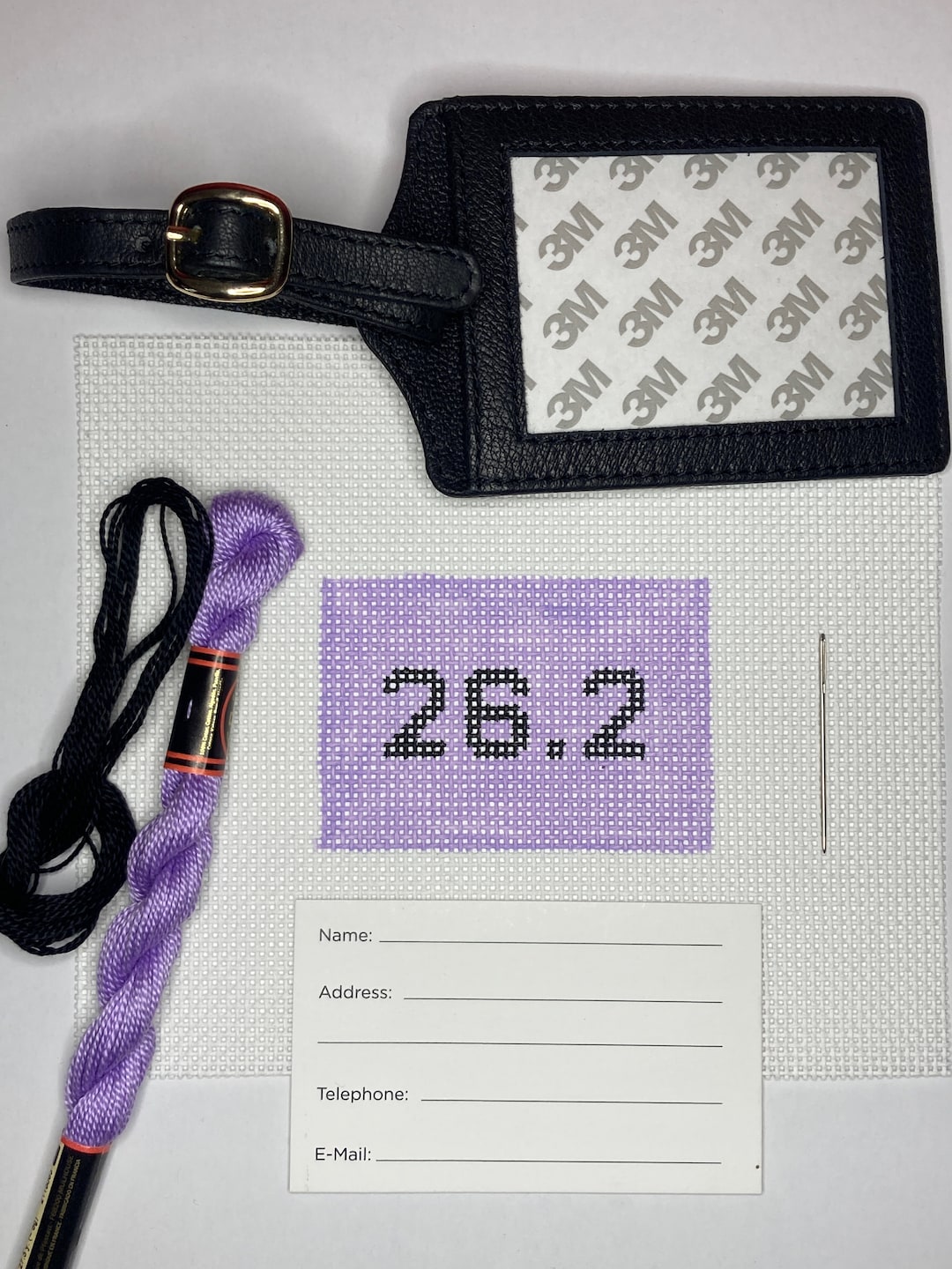 DIY Kit Handpainted Needlepoint Canvas With Leather Luggage Tag, Needle, and Threads. Marathon