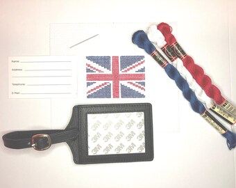 DIY Kit: Handpainted Needlepoint Canvas with Leather Luggage Tag, Needle, and Threads. Union Jack