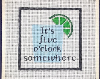 8" X 8" Handpainted Needlepoint Canvas, It's Five O'Clock Somewhere Cocktail Pillow or Sign (Lime Wedge)