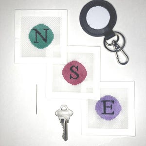 DIY Kit: Handpainted Needlepoint Initial Key Fob Canvas with Leather Fob, Needle, and Threads. Personalized