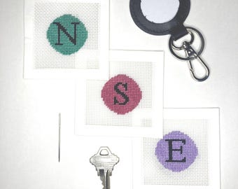 DIY Kit: Handpainted Needlepoint Initial Key Fob Canvas with Leather Fob, Needle, and Threads. Personalized