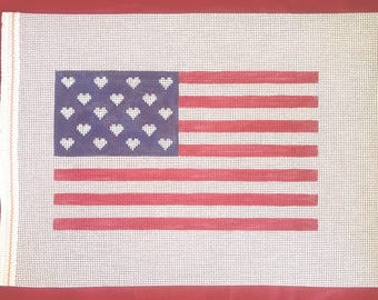 6" X 10" Handpainted Needlepoint Canvas, American Flag with Hearts Pillow or Wall Hanging