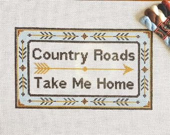 6” X 10" Handpainted Needlepoint Canvas, Country Roads Pillow or Sign