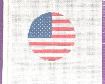 4" Handpainted Needlepoint Canvas, American Flag Round Ornament