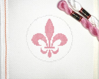 4" Handpainted Needlepoint Canvas, Fleur De Lis Round Ornament, pink