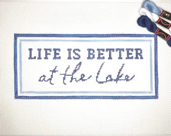 4 1/2" X 10" Handpainted Needlepoint Canvas, Life is Better at the Lake Pillow or Sign, navy blue with light blue inner border