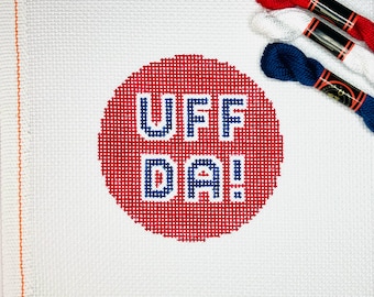 4" Color Customizable Handpainted Needlepoint Canvas, Uff Da! Ornament, red and navy blue