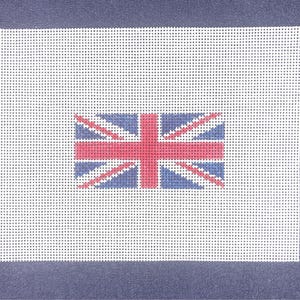 May include: A white canvas with a red, white, and blue Union Jack flag design. The flag is centered on the canvas.
