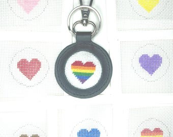 DIY Kit: Color-customizable Handpainted Needlepoint Key Fob Canvas with Leather Fob, Needle, and Threads. Heart