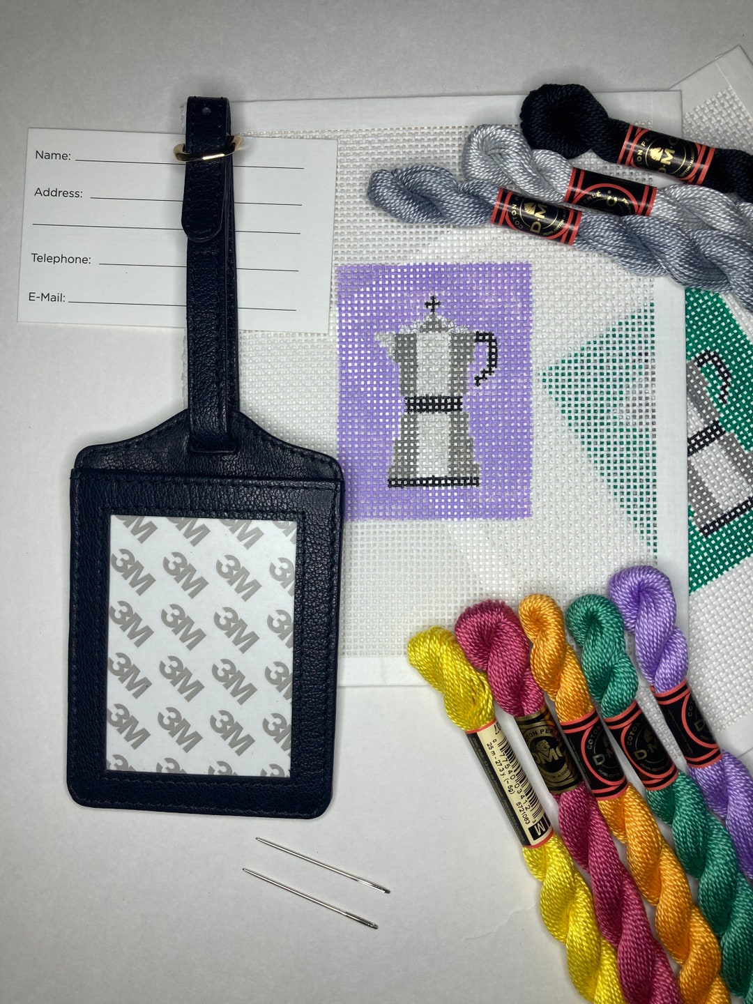 DIY Kit Handpainted Needlepoint Canvas With Leather Luggage Tag, Needle, and Threads. Stovetop