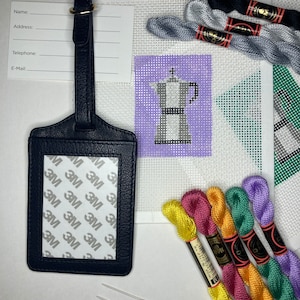 DIY Kit: Handpainted Needlepoint Canvas with Leather Luggage Tag, Needle, and Threads. Stovetop Espresso, Various Background Colors