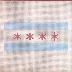 May include: A white canvas with a blue and red design. The design features two horizontal blue stripes and six red stars.