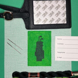DIY Kit: Handpainted Needlepoint Canvas with Leather Luggage Tag, Needle, and Threads. Golf Bag