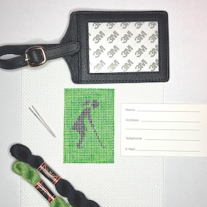 DIY Kit: Handpainted Needlepoint Canvas with Leather Luggage Tag, Needle, and Threads. Golfer with ponytail