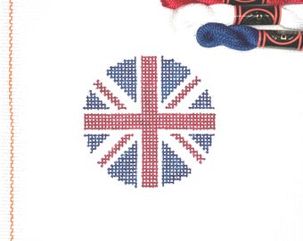 May include: A white canvas with a red, white, and blue cross stitch design of the Union Jack flag. Three skeins of embroidery floss are included: red, white, and blue.