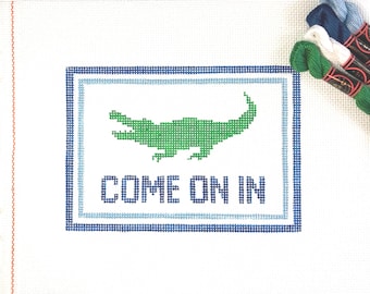 5" X 7" Handpainted Needlepoint Canvas, Alligator Come On In Pillow or Sign