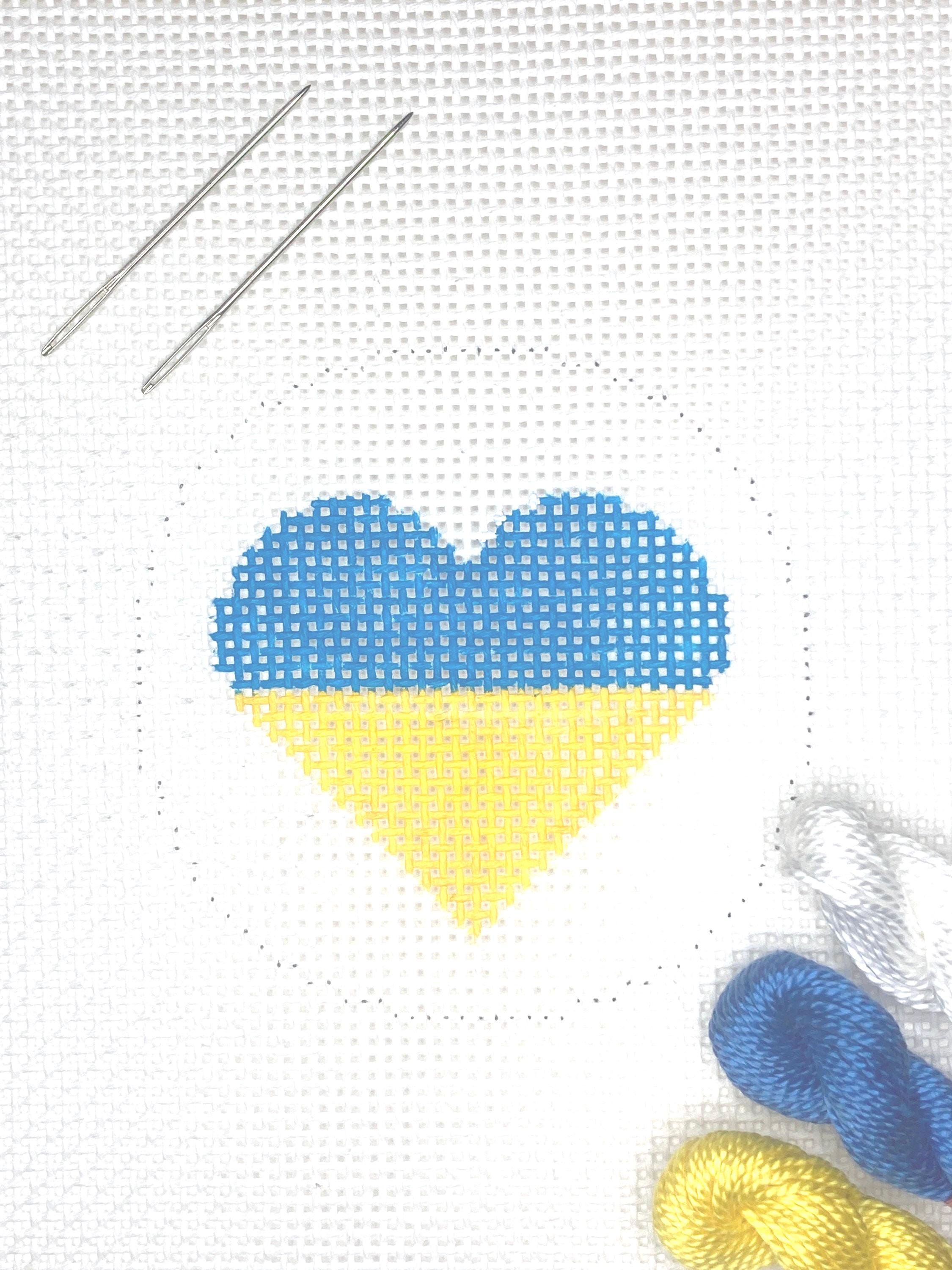 3" Handpainted Needlepoint Canvas, Ukrainian Flag Heart Ornament