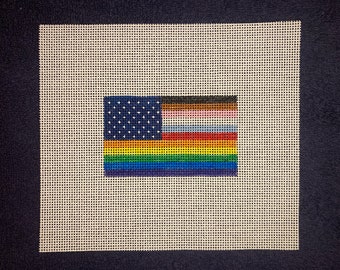 2 1/2" X 4 1/4" Handpainted Needlepoint Canvas, Intersectional Pride American Flag Ornament, LGBTQ