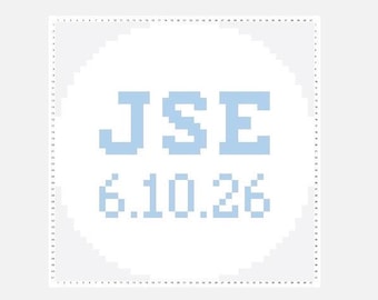 3" Color-Customizable Handpainted Needlepoint Canvas,  Initials and Date Round Ornament, light blue