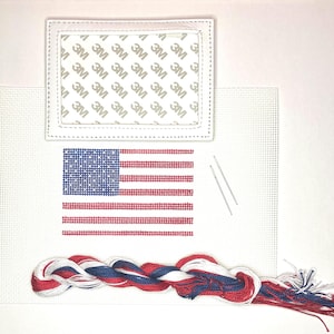 DIY Kit: Handpainted Needlepoint Canvas with Leather Mini Frame, Needle, and Threads. American Flag